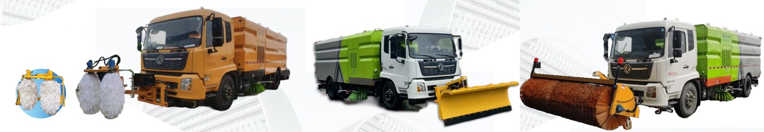 Road sweeper truck optional functions: guardrail cleaning device, snow shovel, snow removal roller